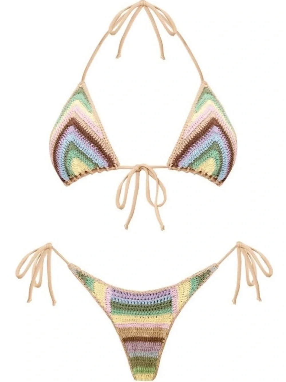 Frankie's Bikinis Pastel Crochet Tie Bikini in Beige Trim